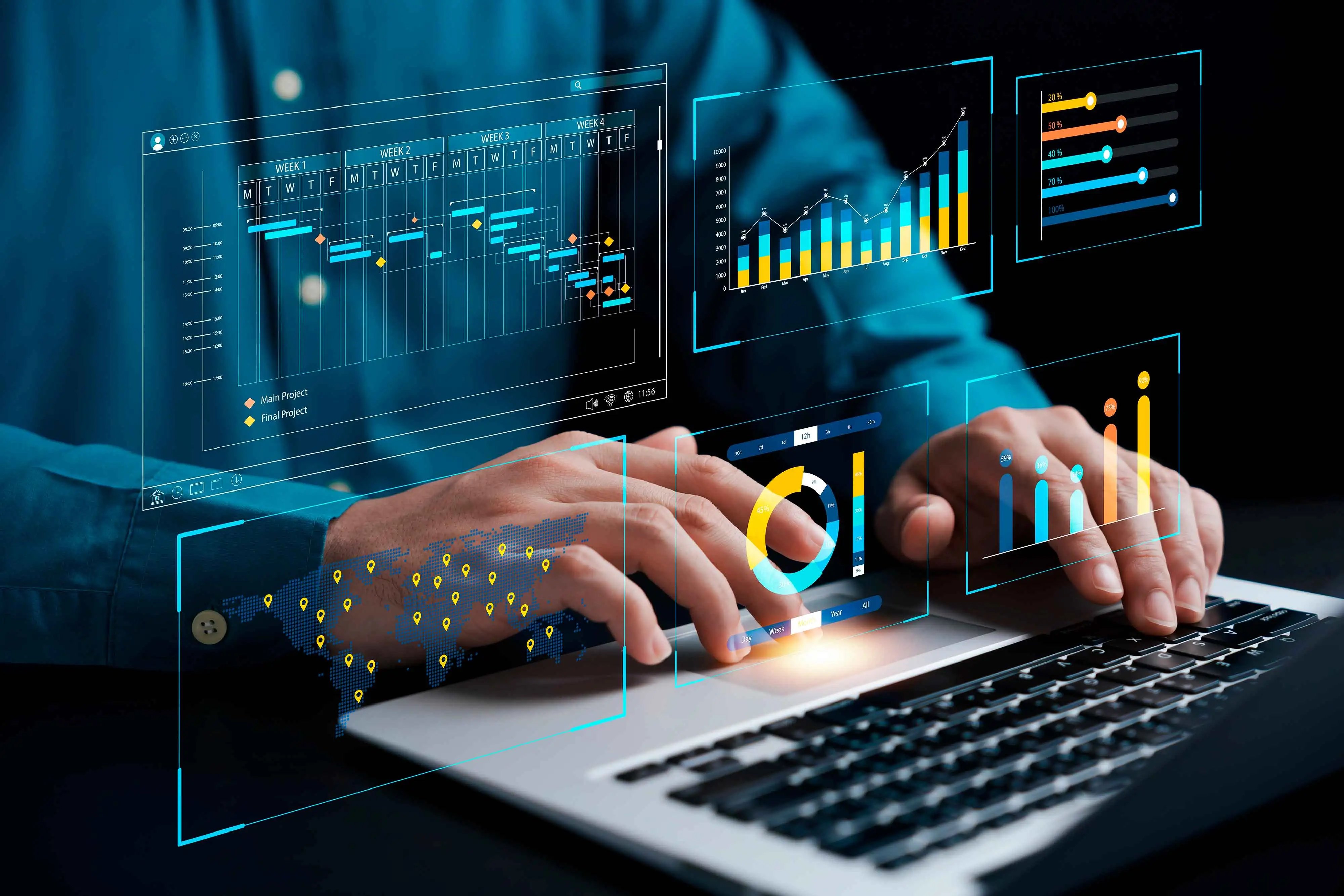 Person using laptop with graphs and charts for smooth staff augmentation transition in projects.