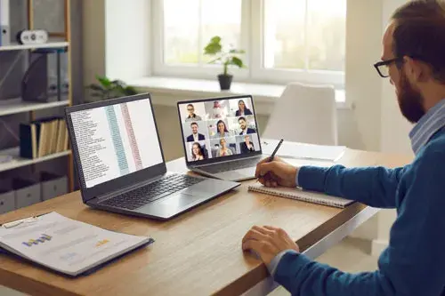 an image of a man at a desk with two laptops