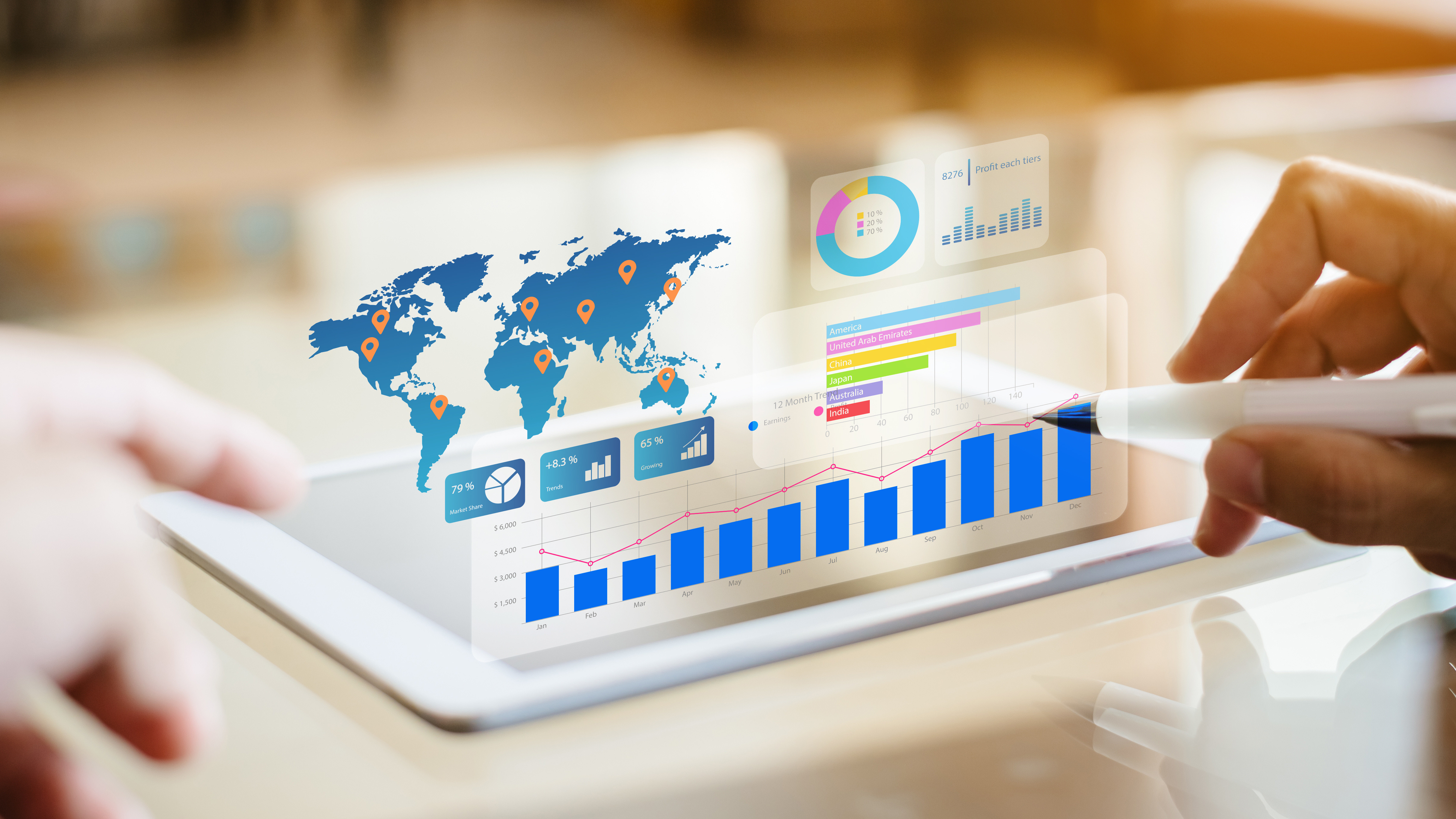 Hologram of a map and global analytics over a tablet