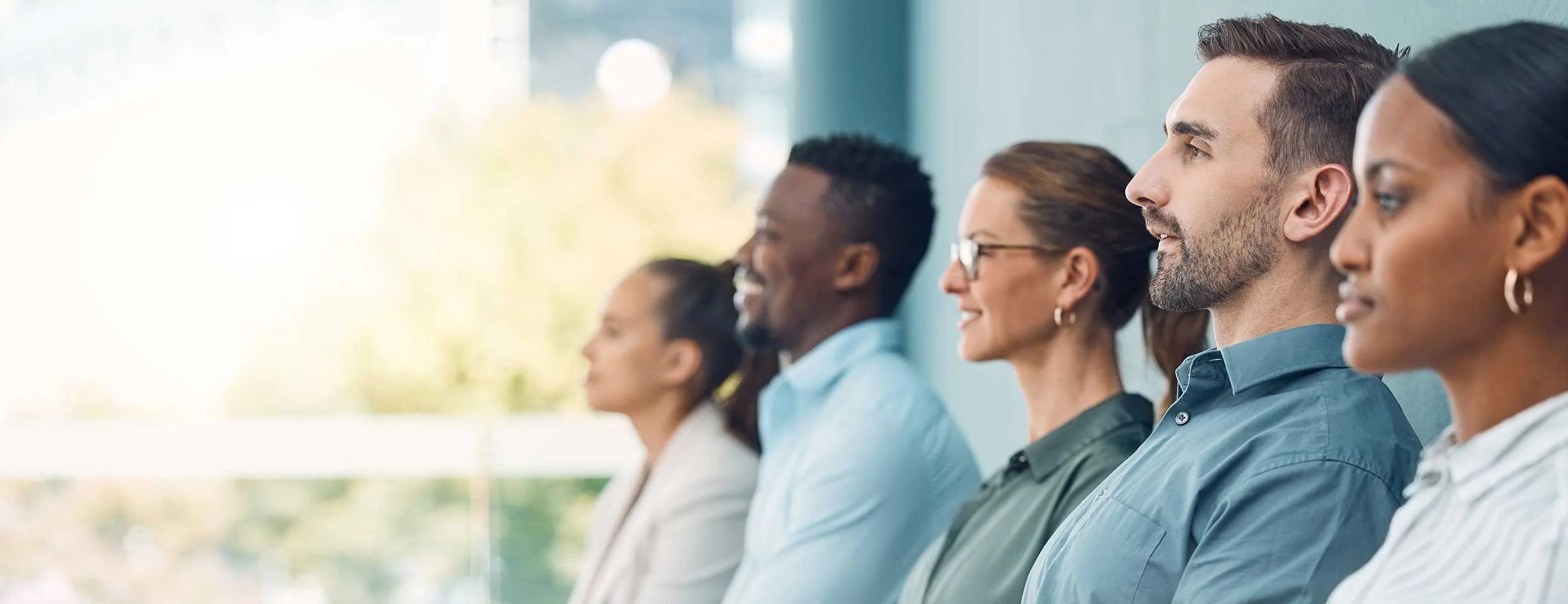 Recruitment, interview and people in queue for work at finance, insurance or investment business 